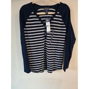 Chaps Womens XL Henley Top Navy Blue Gray Striped Raglan Long Sleeve NEW